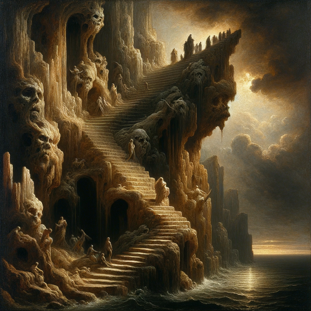 Ancient stone stairs in a cliff with a shattered gap at step eight — the wall