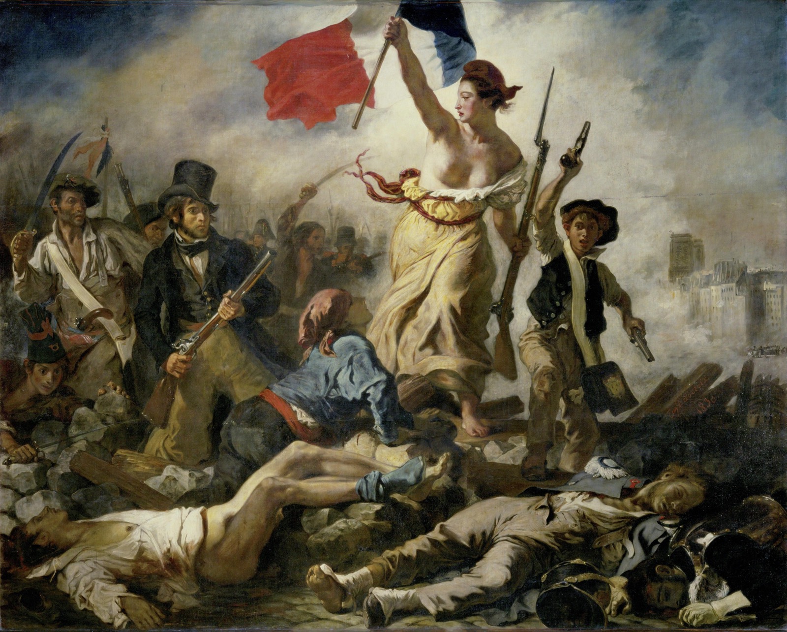 A bare-breasted woman personifying Liberty strides over fallen bodies, tricolor flag raised, leading armed citizens through gunsmoke — the expanded self made flesh