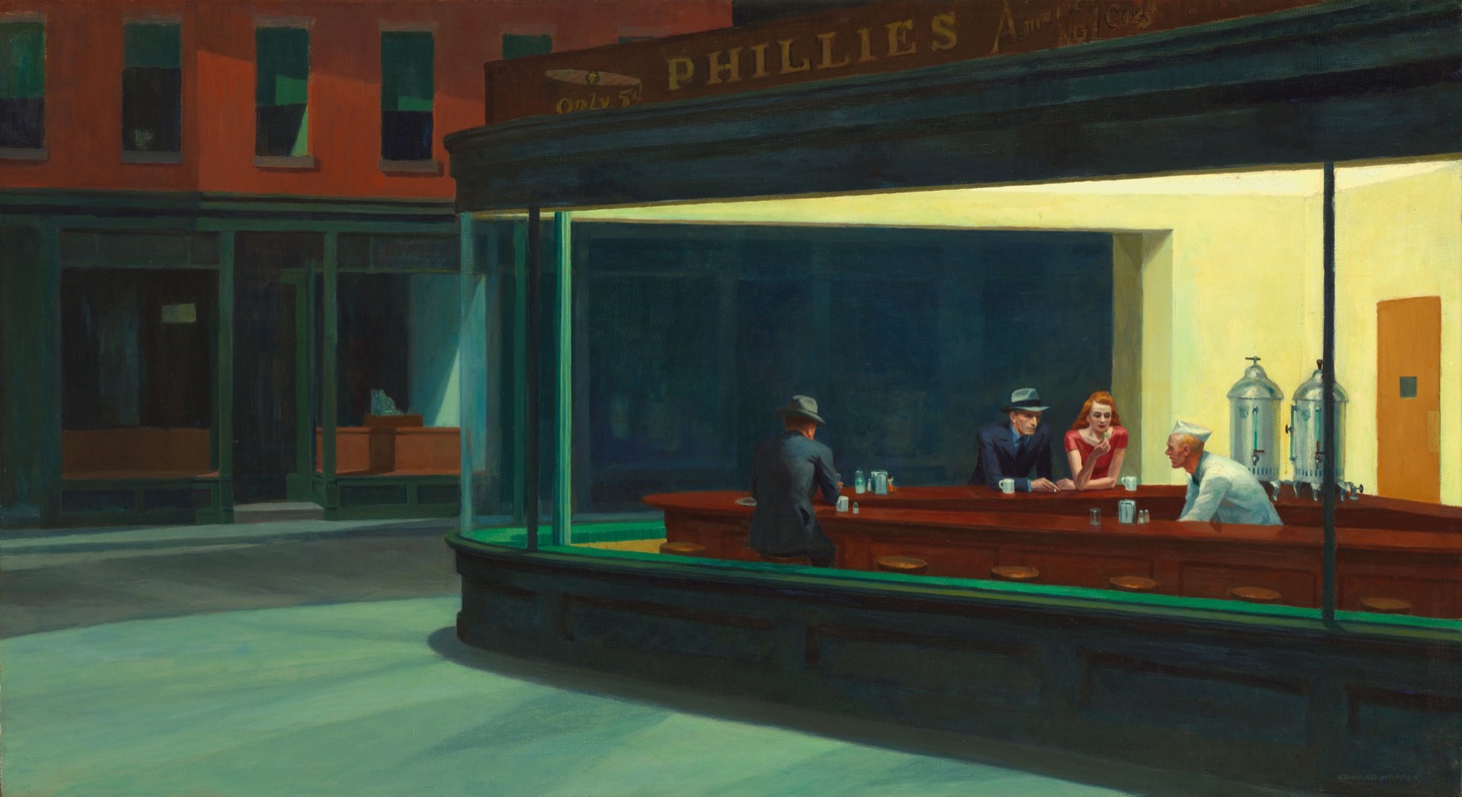 Four figures in a brightly lit all-night diner seen from outside through plate glass — together but unreachable, visible but isolated