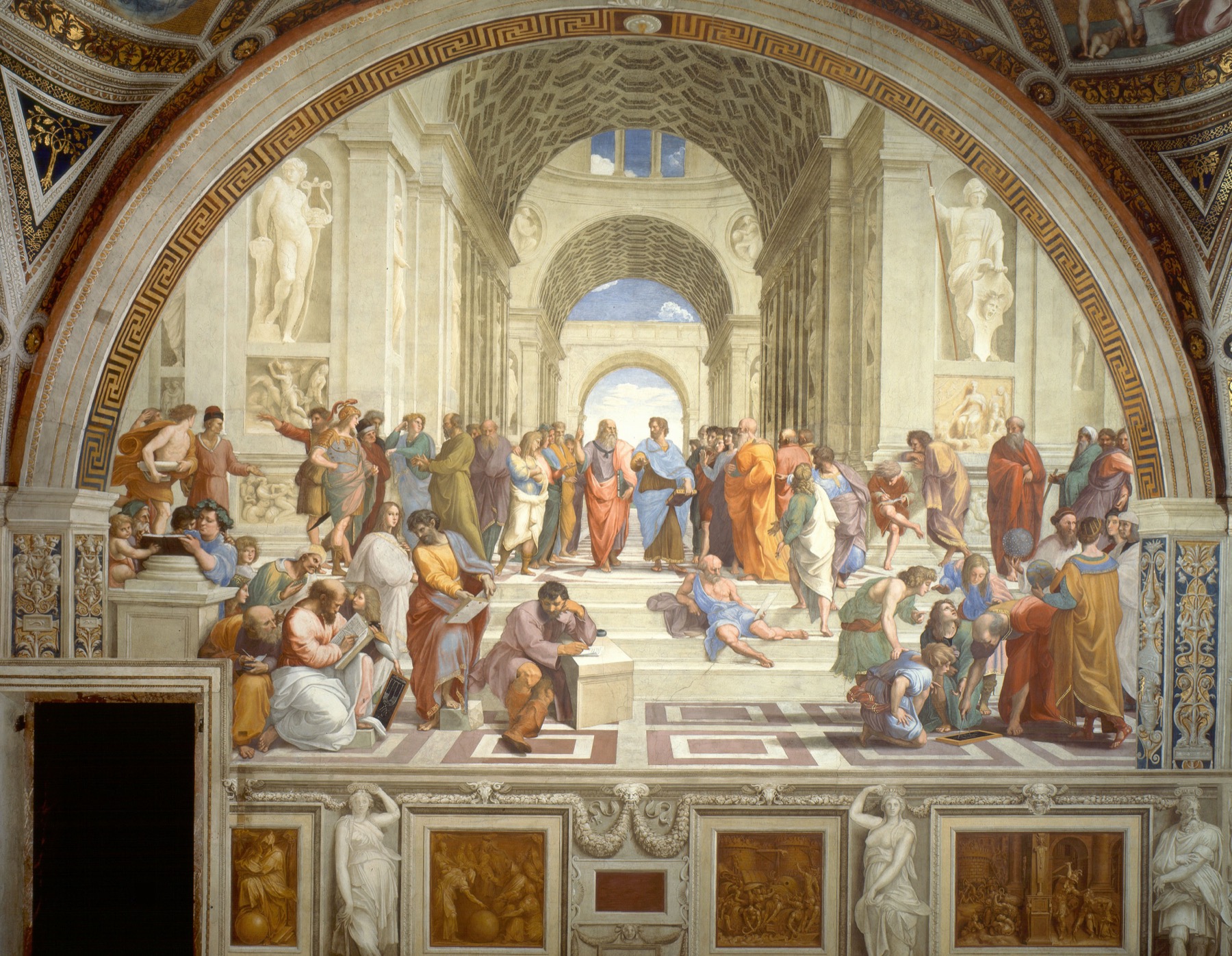 Philosophers gathered in a vast classical arcade — Plato points upward, Aristotle gestures outward, dozens of figures debate, measure, and contemplate truth