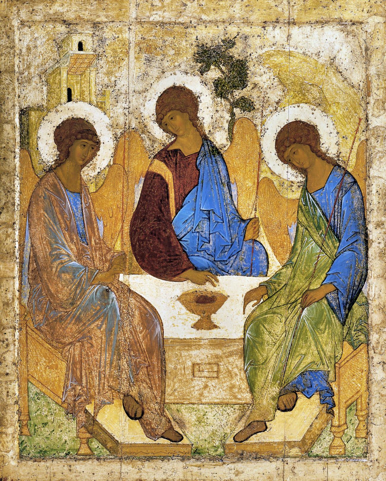 Three luminous angels sit around a table in perfect compositional harmony — the most iconic religious icon, systematic contemplation made visual