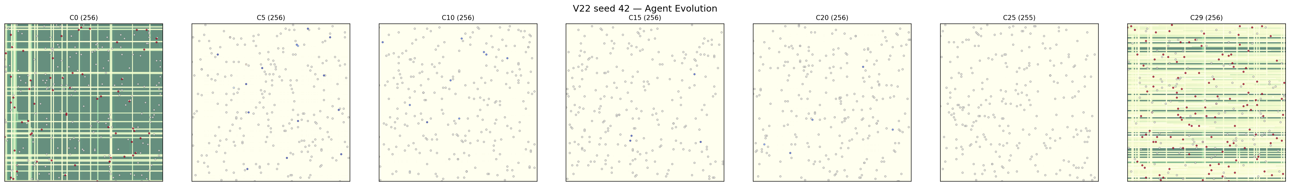 V22 agent evolution filmstrip showing grid state across cycles